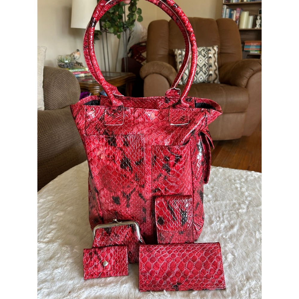 Buxton Tote Bag Set Red Faux Snakeskin 5 Piece Accessories Purse Wallet